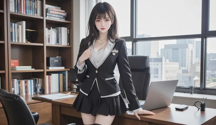 A captivating woman standing confidently in a modern and elegant workspace. The room is well-lit, with a large wooden desk, bookshelves filled with neatly arranged books, and a sleek laptop on the desk. Behind her, a large window reveals the city skyline, ...