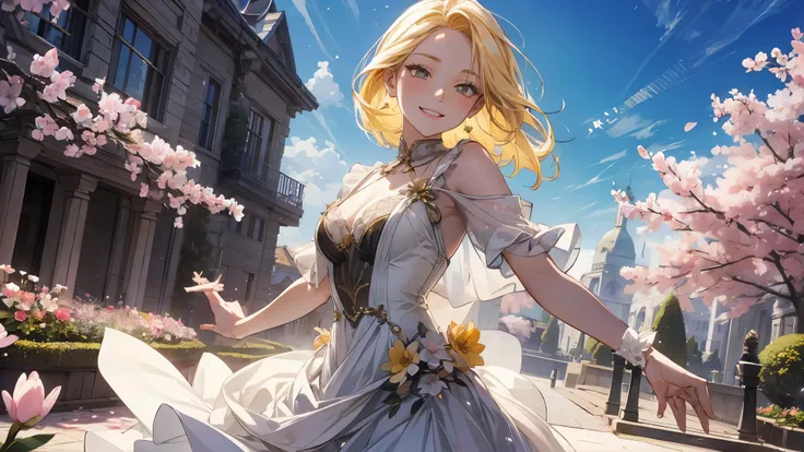 It is a flowerbed with spring flowers. A girl with yellow hair is dancing. She is wearing revealing sexy clothes. The girl is smiling with white skin. Her gaze is facing the front. It is expressed around her face.