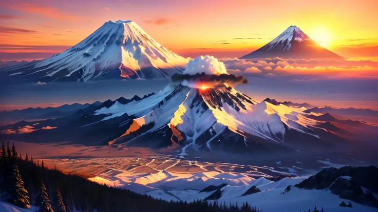 Mountain air setting against the sunset , at snowy Fuji Mountain sunrise , Mount Doom, mount Fuji, m . Fuji, volcano setting, the sun rises between the two mountains, Fuji choko, Mountain sunrise , mount Fuji background, Japanese Mountains, mount Fuji ...