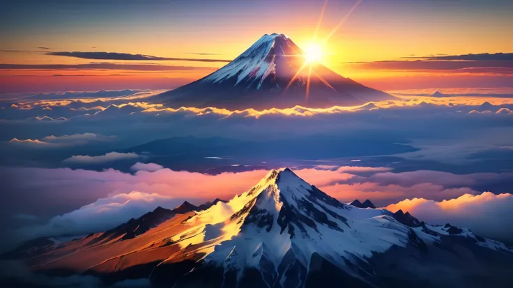 Mountain air setting against the sunset , at snowy Fuji Mountain sunrise , Mount Doom, mount Fuji, m . Fuji, volcano setting, the sun rises between the two mountains, Fuji choko, Mountain sunrise , mount Fuji background, Japanese Mountains, mount Fuji ...