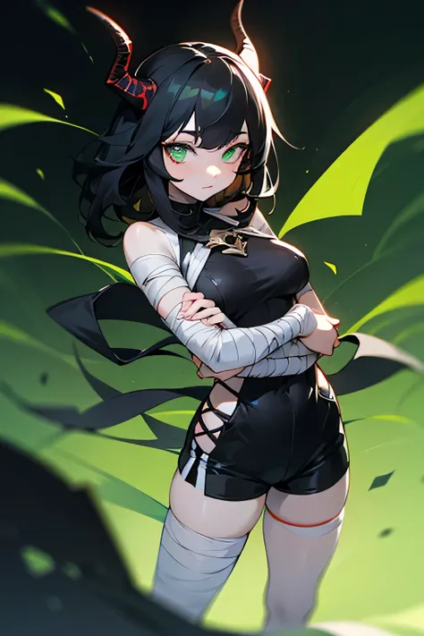  girl:  shoulder length black hair ,  pale skin, bright green eyes with vertical pupils, black hands, black curved horns on the head, wearing shorts , the chest is tightened with bandages