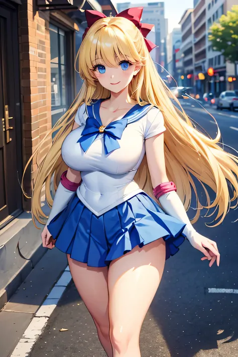 
masterpiece, best quality, highres, mature female, waifu, smile, large breasts, thick thighs, slim waist, perfect body, blue eyes, long hair, blonde hair, ahoge, magical girl, magical girl outfit, white top, blue skirt, red bow, street, walking