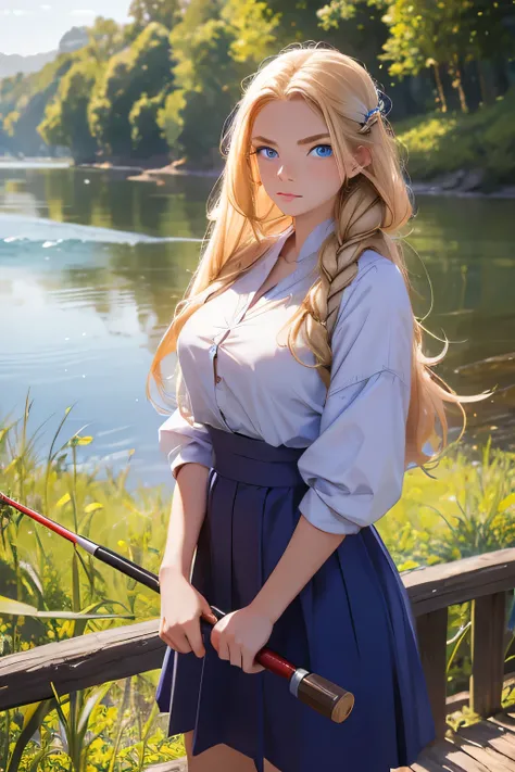 Beautiful girl from a village on the river bank with a fishing rod .She is 19 years old. Breast size 5 .  Height 170 centimeters .  blonde hair , brown braid .  blue eyes  . 