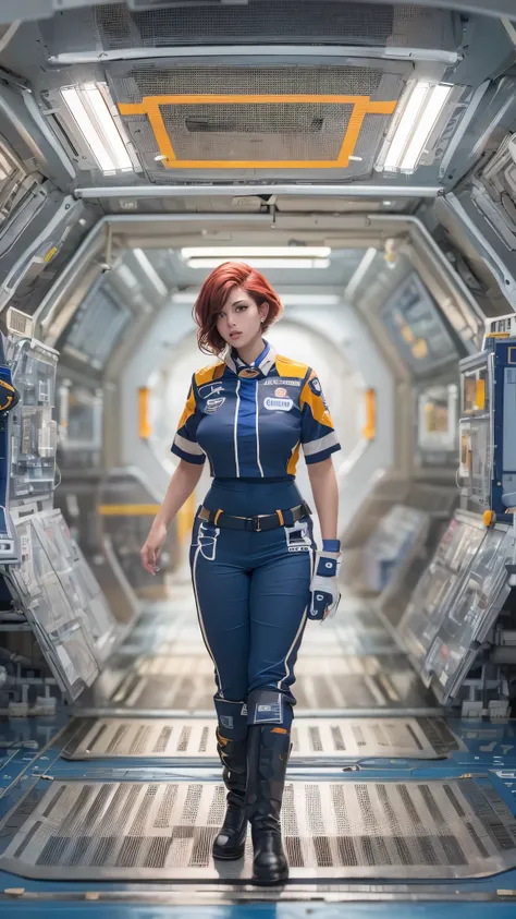 a woman with short red hair wearing (blue allianceuniform) in a space station, cute face, realistic skin, dramatic lighting, ultra realistic, wallpaper, intricate, sharp focus, ray tracing, rtx, professionally color graded, professional photography, master...