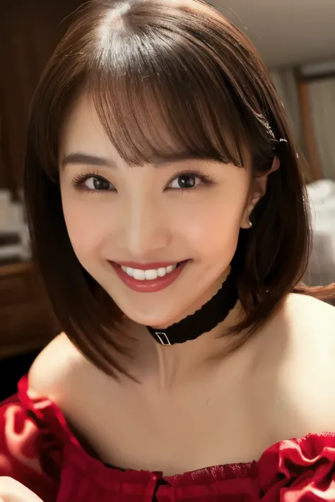 ((Red nightgown)), (( Japanese girl))、Light up your face、(masterpiece, top quality, The beautiful quality of , photorealistic , detailed lighting , Extremely detailed skin, Extremely Detailed Hair ,8k, black hair, upper body, One Girl , smile, Watch Viewer...