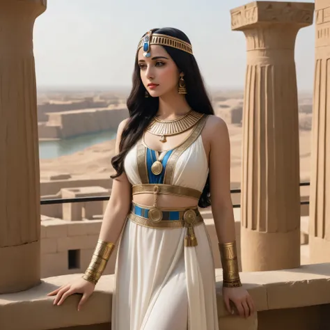 Standing on a balcony overlooking the river、Arabian woman wearing dress and headpiece, beautiful Cleopatra, Egyptian princess, Beautiful Fantasy Empress, Cleopatra in her palace, Cleopatra portrait, Ancient Princess Liv, Egyptian style, Egyptian, ((Beautif...