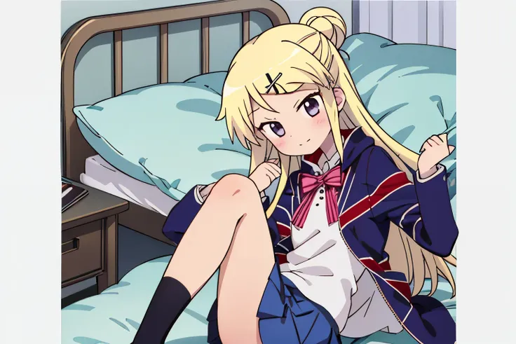 1GIRL SOLO KUJO KAREN UNION JACK JACKET is lying in a thick, unwell miniskirt bed, STRIPED BOW, WHITE SHIRT, LONG SLEEVES, PLEATED SKIRT, BLUE SKIRT, KNEEHIGHS Loss of Appetite 、nausea、 close-up shot 、 Zoom in on Karen's face, knees, and thick thighs