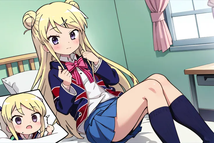 1GIRL SOLO KUJO KAREN UNION JACK JACKET is lying in a thick, unwell miniskirt bed, STRIPED BOW, WHITE SHIRT, LONG SLEEVES, PLEATED SKIRT, BLUE SKIRT, KNEEHIGHS Loss of Appetite 、nausea、 close-up shot 、 Zoom in on Karen's face, knees, and thick thighs