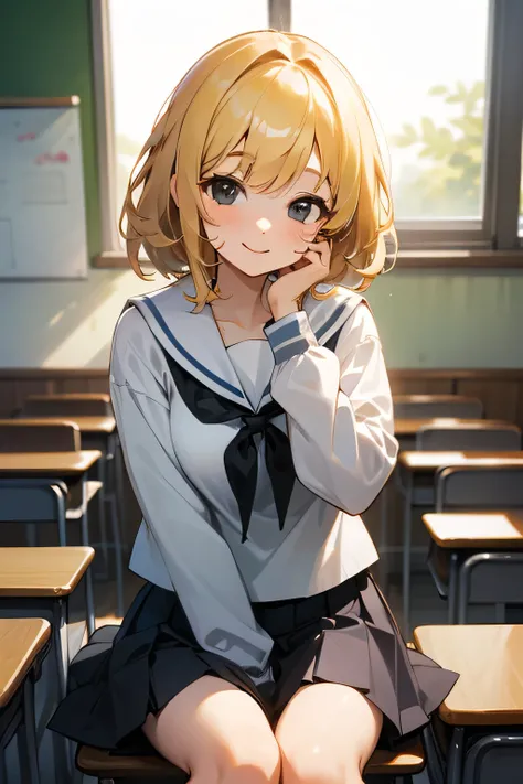 schoolgirl, smiling, medium hair,blonde, black eyes, in the classroom, cute, white,white long sleeves, sailor uniform, black ribbon, sitting,flipped hair,cat eyes