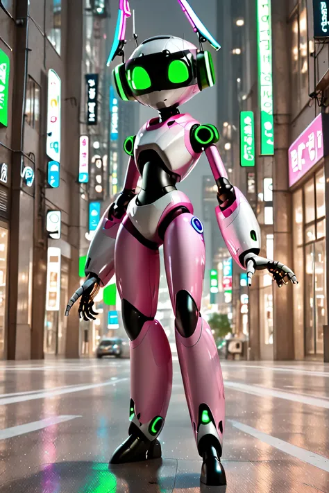 full body view of a robot in pink and white colors, it has a visor that projects green eyes, it has antennas connected to its head, it has a feminine silhouette, a white bra, it has a round head , it also has neon green,Résolution Haute, on a laboraor back...