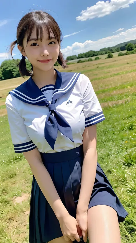 girl standing in rural field,cumulonimbus cloud in summer blue sky,,sailor shirt and navy blue pleated skirt,18-year-old,bangs,a little smile,thighs,knees,wet short hair with low pigtails bunches,from beside,front light, ((Looking at camera)), watching cam...