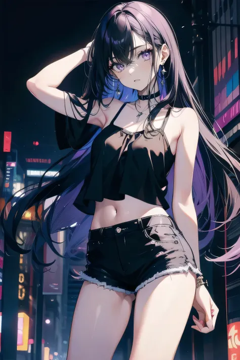 (masterpiece), (best quality), ultra detailed, finely detailed color, cenematic painting, bishoujo, model, ((one lady)), ager, cute face, black hair, absurdly long hair, straight hair, (violet eyes:1.2), purple eyes, walking, chocker, ((black camisole)), s...