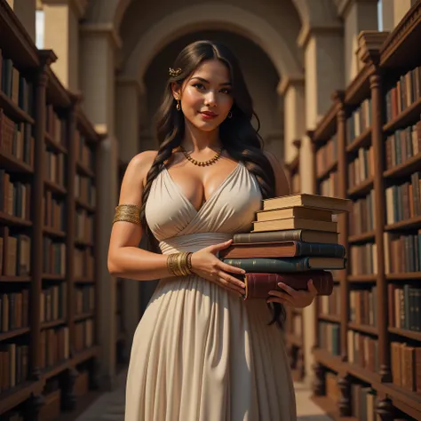 A hyper-realistic ultra wide scenery image shot of a prehistoric beautifully anciently greek female librarian holding loads of ancient books and scrolls, symmetrically balanced in image composition. The beautifully ancient librarian is depicted in a full b...