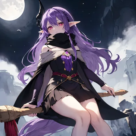 ((elf sitting on a broomstick flying in the sky)), high quality, masterpiece, delicate hair, determined delicate eyes, ((masterpiece, best quality)), high quality, masterpiece, delicate hair, girl, ((Ruby red eyes)), (purple hair), long hair, elf ears, ((b...