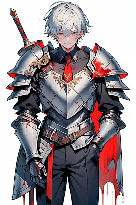 (portrait:0.8),(Out of focus:0.8),  best quality,  748cm style .( 1 man in armor:1.5),  white background ,( from above:1.0), ( suit:1.1), (short hair:0.6), ties,(( blood on clothes :1.1)), white background , (( Bloody Hands:1.0)),((Blood on face:1.0)),((ni...