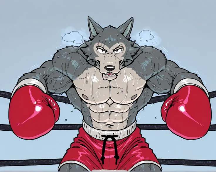 l3gosh1, beastars, male, solo, wolf, muscular, athletic, masculine, (small eyes), flat color, boxing_gloves, sweaty body, veiny arms, bulging muscles, boxing, dynamic_pose, posing, boxing_shorts, half body, glistening body, boxing_pov, boxing ring, leaning...