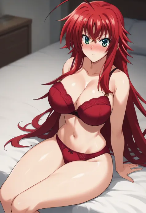 score_9, score_8_up, score_7_up,source_anime, high res image, masterpiece, best quality, (girl:1.0), cute face, clear skin, shiny hair, ultra detailed eyes, bedroom, shiny skin, riasgremory, rias gremory, huge ahoge, long hair, hair between eyes, green eye...