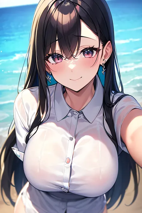 Big breasted older sister wearing black hair and white shirt wearing dolphin earrings