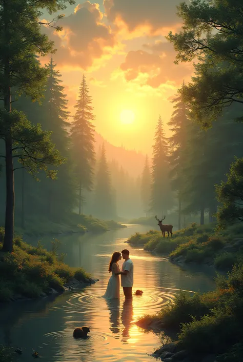 Make me  a beautiful forest with river and different kinds of animals, a touch the shining sunrise with beautiful clouds,then put the two couples playing on the water