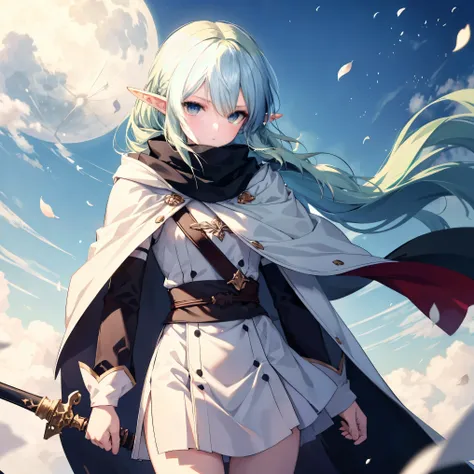 ((Female elf swordsman, sword poised forward, whirling winds, dynamic motion)), ((Strong shadow, Wind effects, Floating petals)), ((Light green hair, Blond eyes, Long hair, Elf ears, Long loose hair)),  Delicate hair, Delicate eyes, ((Masterpiece, Top qual...