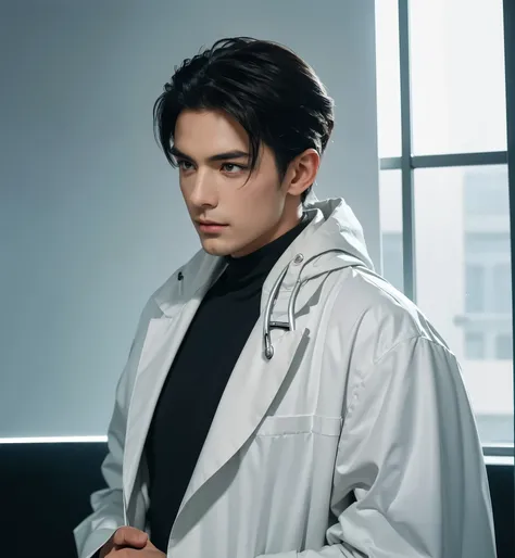 {{A ((charismatic portrayal of a 30-year-old man with dark hair and fair skin))}} wearing {((a modern, stylish doctor’s coat with a sleek, tailored look))}. This is a {((digital realism))}-inspired image that showcases {((poise and intelligence))}. The env...