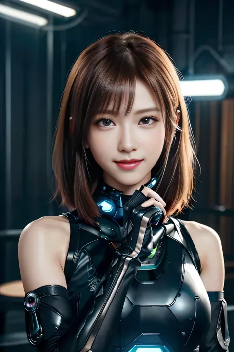  Glowing Cyber Girl with Cybernetic Arms ,(  See Through Costumes :1.3, )Standing on the post-apocalyptic battlefield .Surrounded by a network of wires. Surrounded by circuits. ( Cyber Girl with a Submachine Gun :1.3),   shiny light brown and orange stripe...