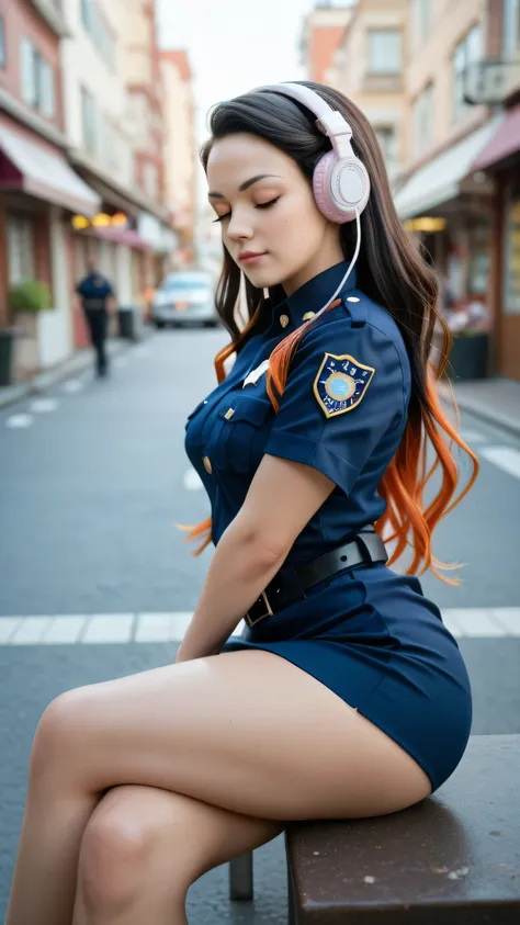 Nezuko Kamado /  KIMETSU NO YAIBA, Bicolor fur,   A woman   ,  long hair,   Eyes Closed,  very serious look,  listening to music with headphones in her ears, she opted for a police uniform , lace,   medium breasts,   Not suitable for work,     fat ass,   t...