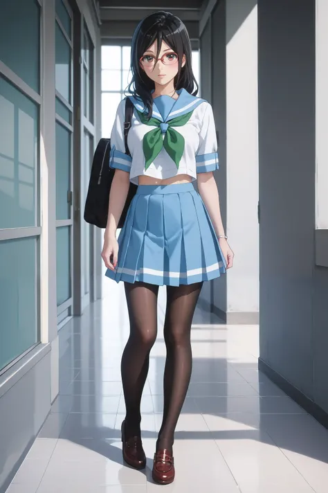 (inspired by Asuka Tanaka ),((inspired by Japanese school girl))(masterpiece, best quality),beautiful, ultra realistic, beautiful-woman, ((detailed face)).(full body:1.3)., The woman is wearing school uniform and black pantyhose,she is wearing a light-blue...