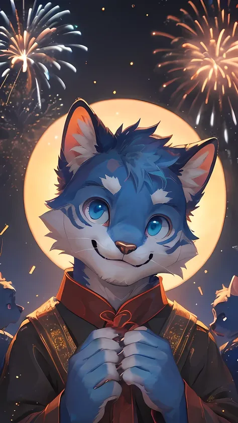 Masterpieces,official art,furry,male,shota,Anthropomorphic cat, (light blue fur), (cub),Delicate face,Luminous blue eyes,no hair, happy face, depth of field, perfect lighting, light particles,(best quality),(masterpiece),(ultra detailed),sharp focus,light ...