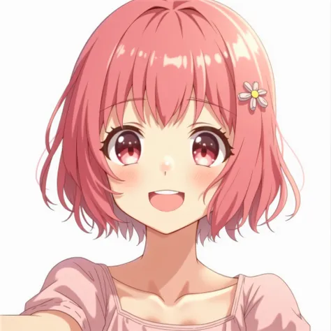 pretty anime girlfriend, smiling, selfie, short pink hair with bangs and pale skin, masterpiece, 8k, high quality,  white background