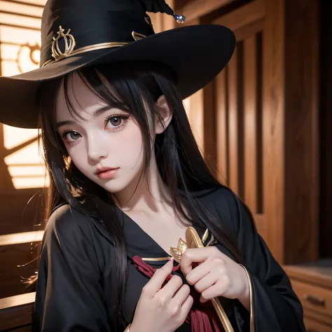 A girl with a magician's hat, holding two swords, beautiful detailed eyes, beautiful detailed lips, extremely detailed face, long eyelashes, detailed anime style, anime magical girl, Megumin from Konosuba, half summoner half Megumin, lightweight anime witc...