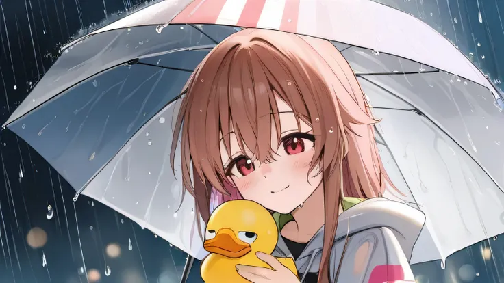 "A colorful cartoon umbrella with stripes, keeping a smiling duck dry in the rain, with puddles and raindrops creating a lively scene."

