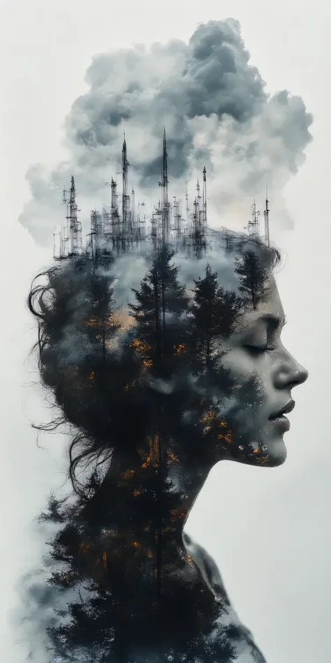 Surrealism, work of art, theme "calm madness", double vision, double exposure, a monochrome portrait of a beautiful mature woman with a peaceful expression, superimposed on the monochrome portrait is a colored view of countless offshore wind turbines lined...