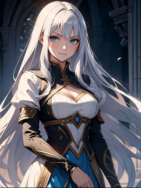 1 young woman alone. height 1,70. s.  full body costume. long silver hair. Loose hair.  Medieval-style lightweight fighting clothing. haughty look.  bright blue eyes .  detailed eyes . serene countenance.  smiling.  dynamic pose 