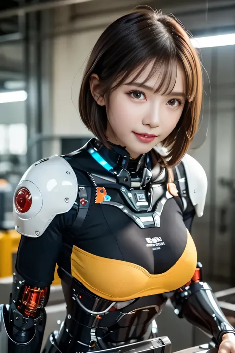  Standing against the backdrop of a post-apocalyptic battlefield city ,(See-through costume:1.3, ),( Cybergirl assembling big robots in a robot factory :1.3), Robots being assembled in the background , short hair with shiny light brown and orange stripes, ...