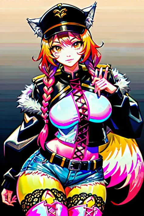 (best quality:2.0), (crisp:2.0), (highres:2.0), (((a rich yellow and pink gradient wolf tail:2.0))), anime, full body:2.0, (single image), (solo beautiful lady:2.0), (masterpiece:2.0), (detailed face:2.0), (detailed eyes:1.4), ((denim shorts:2.0)), ((thick...