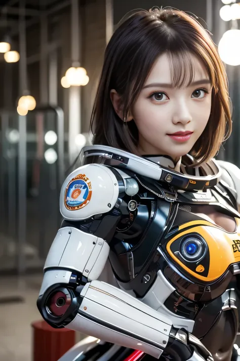  Standing against the backdrop of a post-apocalyptic battlefield city ,(See-through costume:1.3, ),( Cybergirl assembling big robots in a robot factory :1.3), Robots being assembled in the background , short hair with shiny light brown and orange stripes, ...