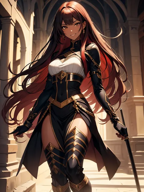 A young black woman alone . black. height 1,70. s.  full body costume.  long red hair. Loose hair.  Medieval-style lightweight fighting clothing. haughty look.  Bright Brown Eyes .  detailed eyes . serene countenance.  smiling.  dynamic pose 