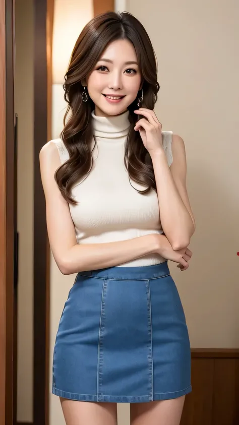  best image quality、A 50-year-old Japanese woman who is super thin、( slender body:1.4)、 beautiful makeup、White teeth、((明るいbrownの髪 、  disheveled wavy long hair:1.1、)),  graceful and sophisticated  、goddess、(( turtleneck、white light knitted sweater、 sleevele...