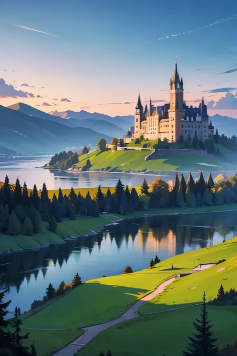 Rolling Hills with a Castle in the Distance at Dawn, near a lake