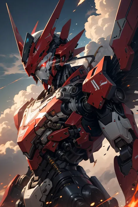 (red eyes: 1.5), (metal red body robot: 1.5), giant airplane wings, Unreal Engine, Cinematic Shots , best quality, masterpiece, is present,,science_ best quality ,サイエンス best quality ,Shining Eyes, Explosive sparks , ( lens flare:0.3), Volume Fog , (( fly...