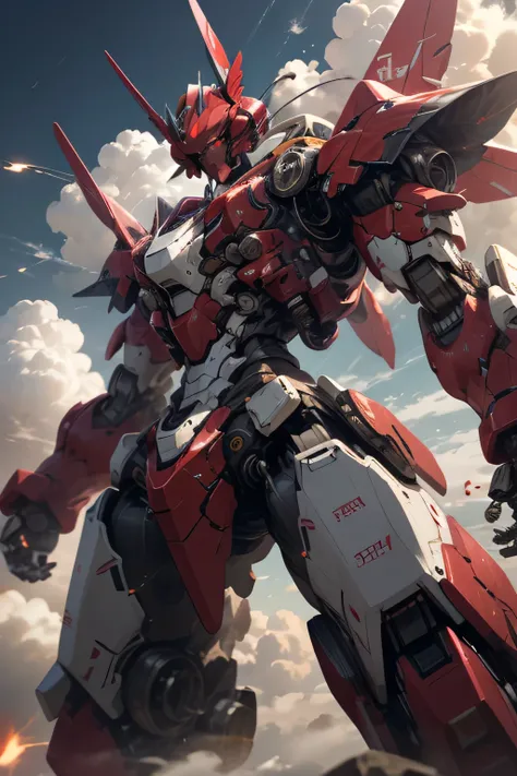 (red eyes: 1.5), (metal red body robot: 1.5), giant airplane wings, Unreal Engine, Cinematic Shots , best quality, masterpiece, is present,,science_ best quality ,サイエンス best quality ,Shining Eyes, Explosive sparks , ( lens flare:0.3), Volume Fog , (( fly...