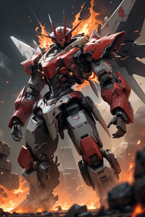 (red eyes: 1.5), (metal red body robot: 1.5), giant airplane wings, Unreal Engine, Cinematic Shots , best quality, masterpiece, is present,,science_ best quality ,サイエンス best quality ,Shining Eyes, Explosive sparks , ( lens flare:0.3), Volume Fog , ((マグマの...