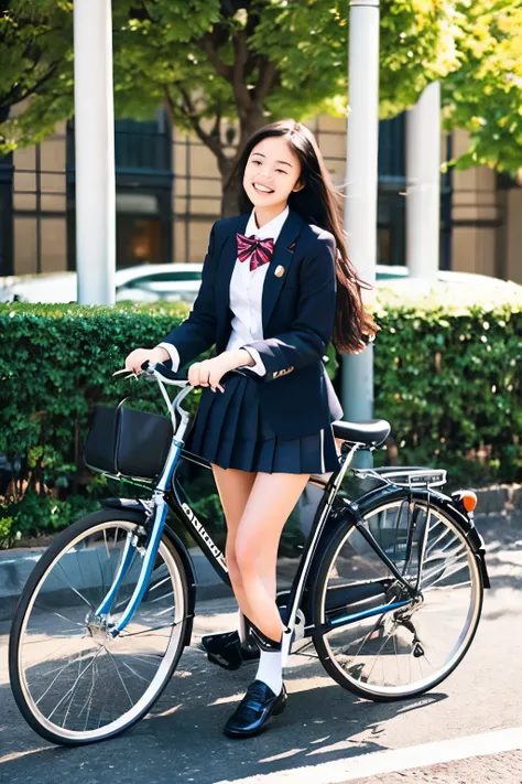  high school girl、uniform、 blazer、 high socks、 loafers 、 long black hair、 slender、bicycle、Around town、Sprint