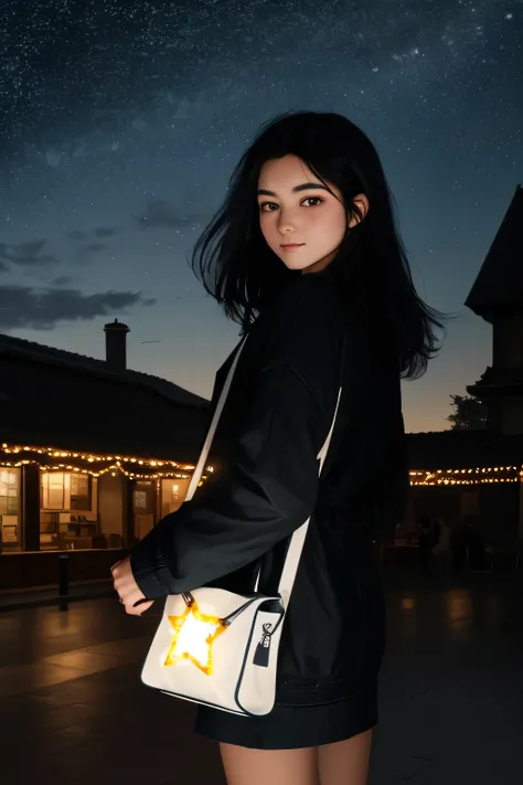 ((best quality)), ((masterpiece)), (detailed), 

A girl with black hair wearing a bag on front side with glowing stars and lights