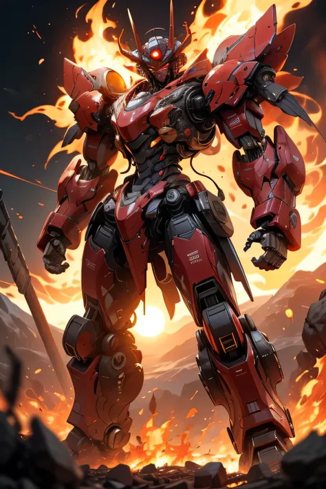 (red eye: 1.5), (metal red body robot: 1.5), Unreal Engine, Cinematic Shots , best quality, masterpiece, is present,,science_ best quality ,サイエンス best quality ,Shining Eyes, Explosive sparks , ( lens flare:0.3), Volume Fog , ((Standing in the midst of a ...
