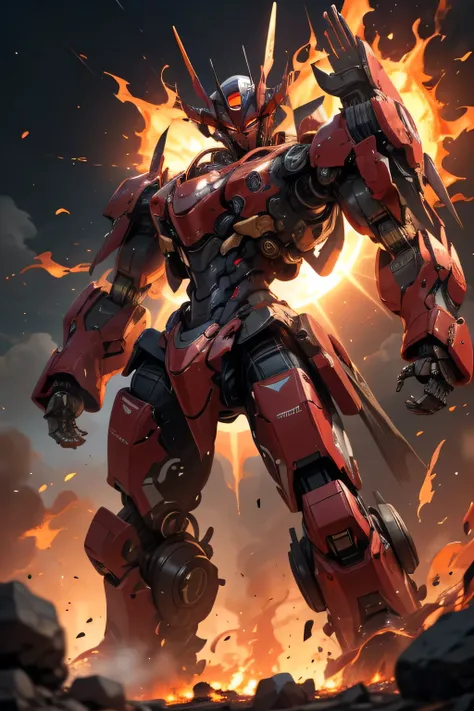 (red eye: 1.5), (metal red body robot: 1.5), Unreal Engine, Cinematic Shots , best quality, masterpiece, is present,,science_ best quality ,サイエンス best quality ,Shining Eyes, Explosive sparks , ( lens flare:0.3), Volume Fog , ((Standing in the midst of a ...
