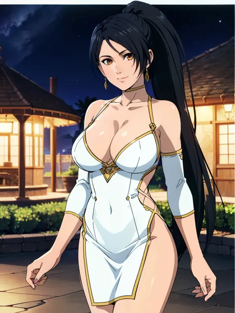 white playsuit, bodycon dress, night, home backyard, momiji, anime cels style, best quality, high resolution, 1girl, (large breasts:1.2), beautiful face, black hair, long hair, ponytail, brown eyes, cowboy shot, light smile