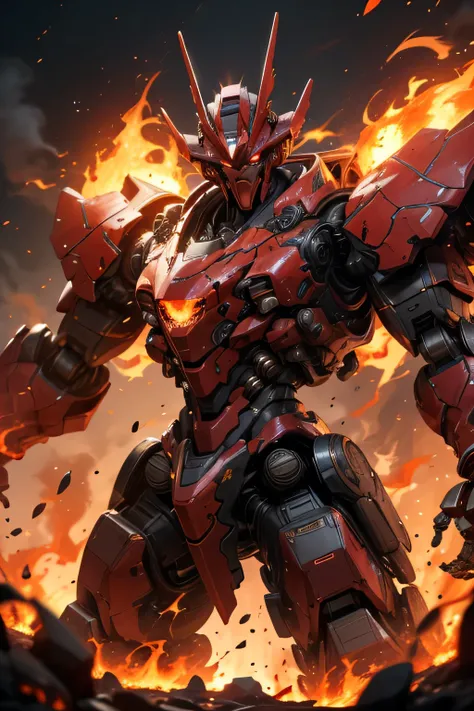 (red eye: 1.5), (metal red body robot: 1.5), Unreal Engine, Cinematic Shots , best quality, masterpiece, is present,,science_ best quality ,サイエンス best quality ,Shining Eyes, Explosive sparks , ( lens flare:0.3), Volume Fog , ((Standing in the midst of a ...
