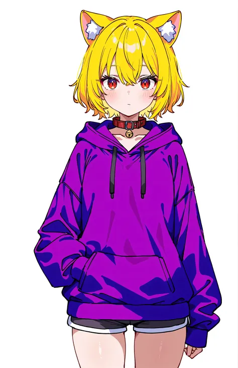 best quality、8k、 highres、 One Girl、Alone、Blonde, short hair , short hair、 cat ears the same color as the hair、 golden cat ears
BREAK
red eyes,Red eyes
BREAK
black collar , purple hoodie , hot pants, white background